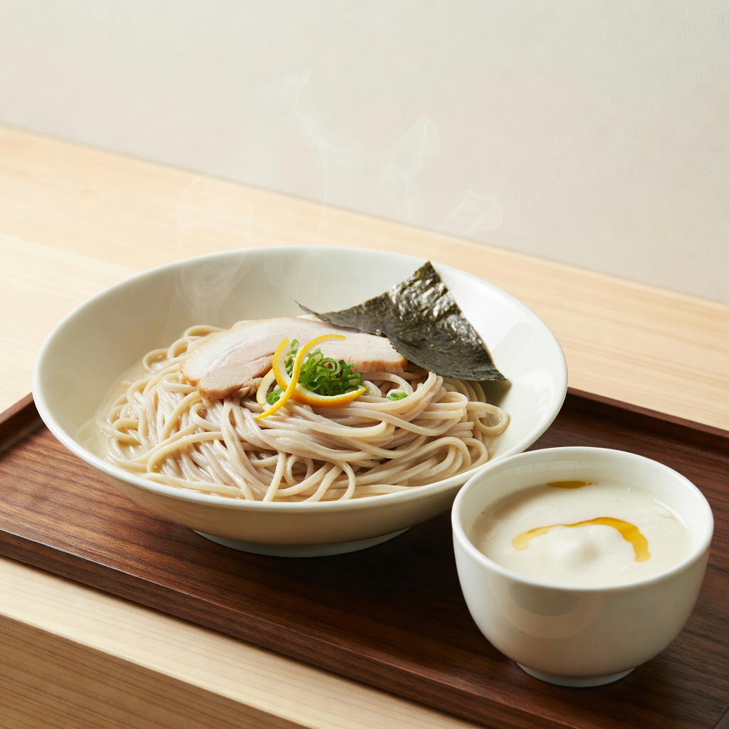 鶏白湯つけそば ー 濃厚白湯を冷たくしめた太麺で。ゆず皮の香りと、〆のスープ割りまで含めての一杯
