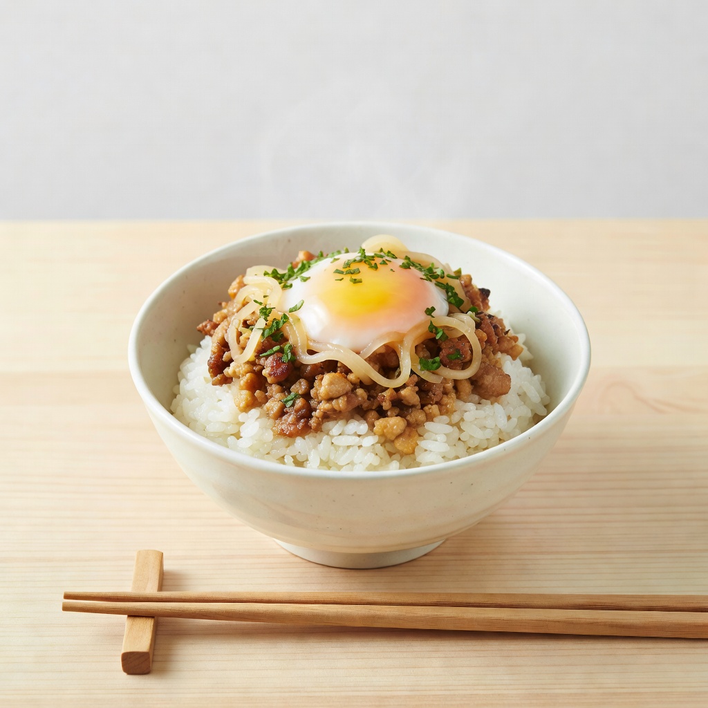 鶏そぼろ丼 ー 鶏白湯の相棒。とろろと温玉、刻んだ大葉をのせた小丼。替玉より人気の〆です