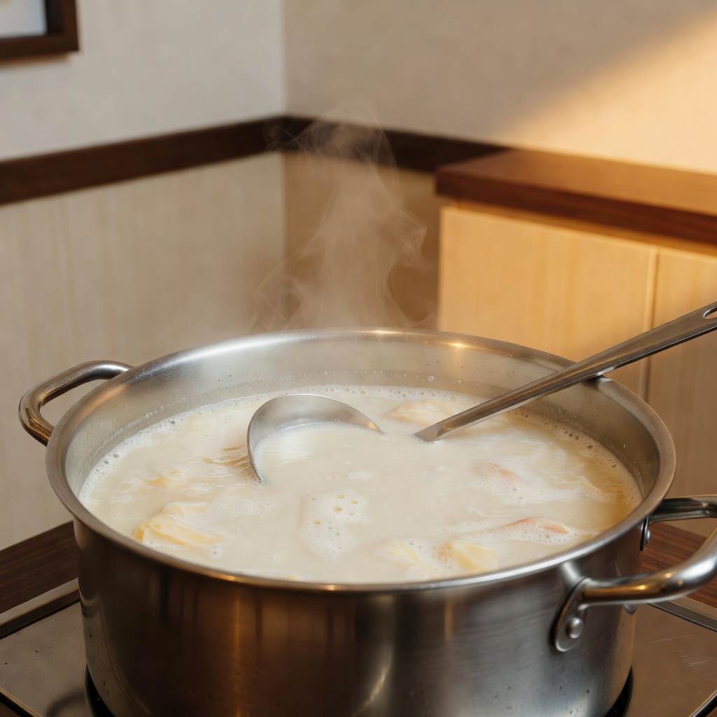 毎朝の寸胴 ー 開店前、丸鶏を炊きあげる仕込み。乳白色になるまで、化学調味料に頼らず火だけで旨味をひきます