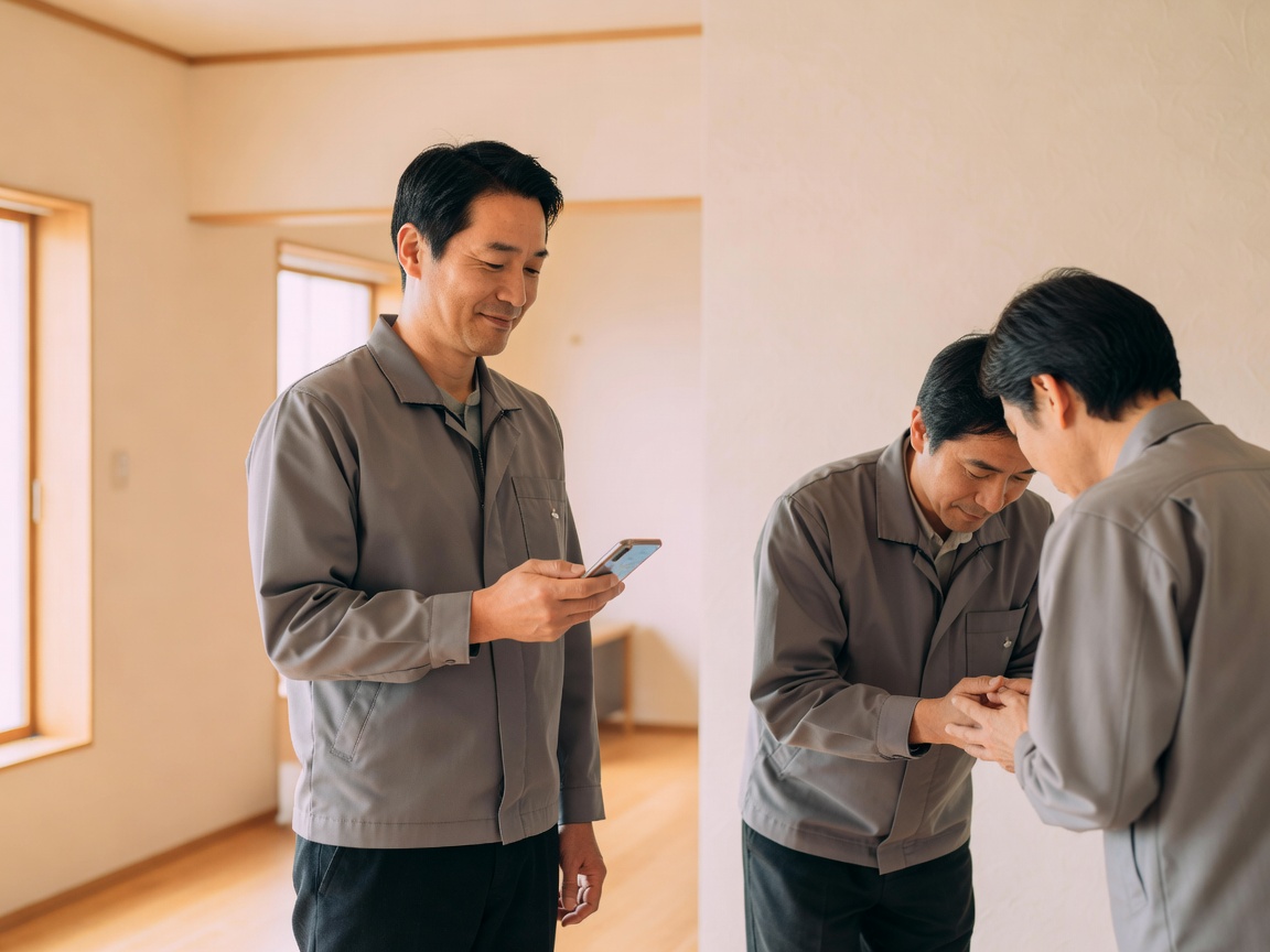 完成した住まいを前に施主と握手する職人の笑顔