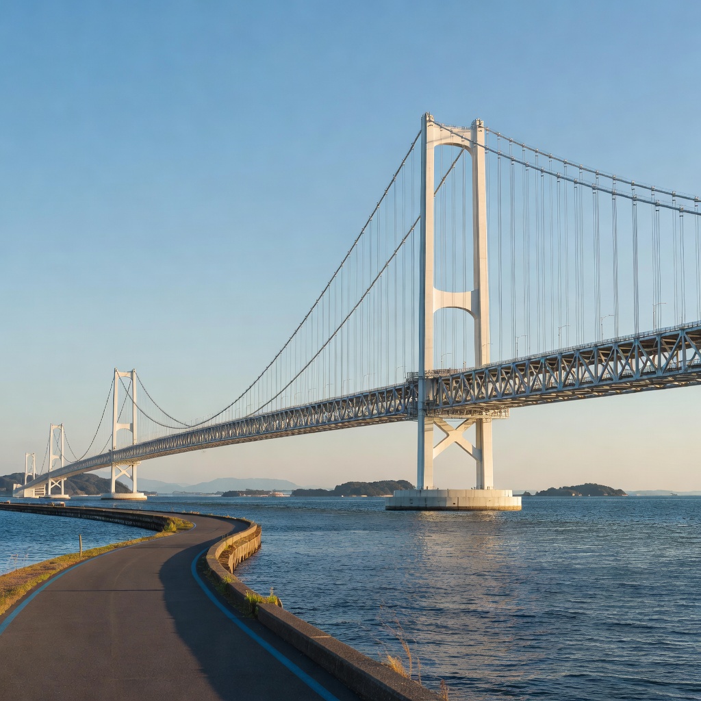 来島海峡大橋 ー しまなみのハイライト。全長4km超の白い吊り橋を、瀬戸内の海の上で。E-BIKEなら登りのアプローチも汗だくにならずに越えられます