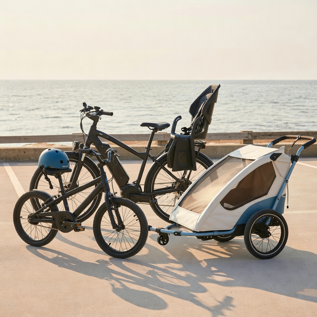 子ども車とチャイルドシート ー キッズバイク、チャイルドシート、後ろ乗せトレーラー。家族4人で、はじめての橋を一緒に渡れます