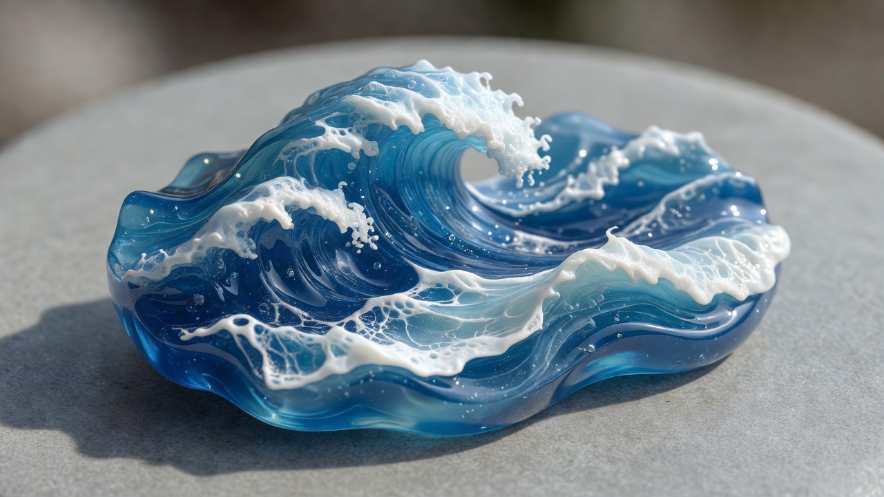 窓辺の光にかざした、海模様のレジンブローチの透明な断面