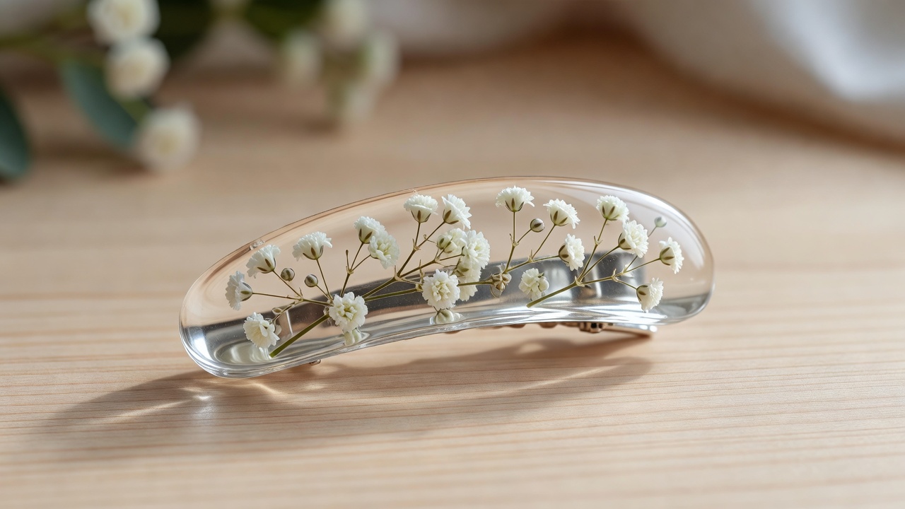 本物のかすみ草を封じた、押し花のヘアクリップ