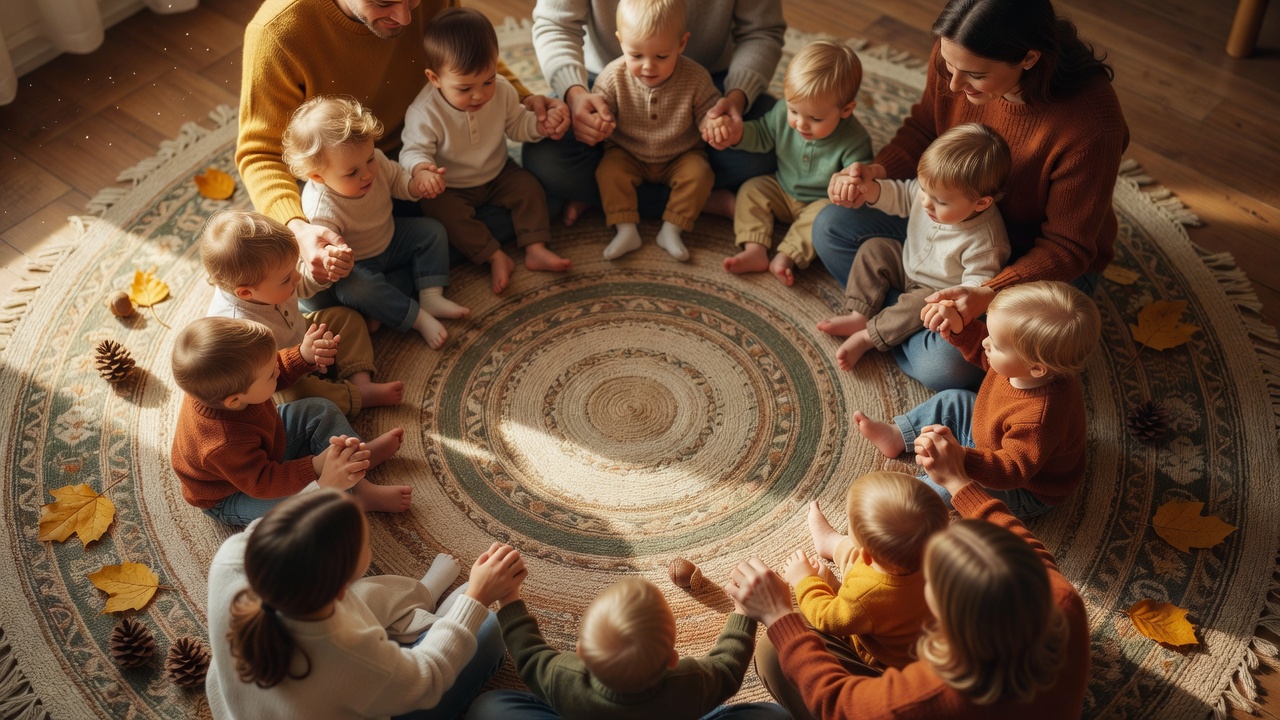 親子で手をつなぎ輪になって歌う、季節のわらべ歌