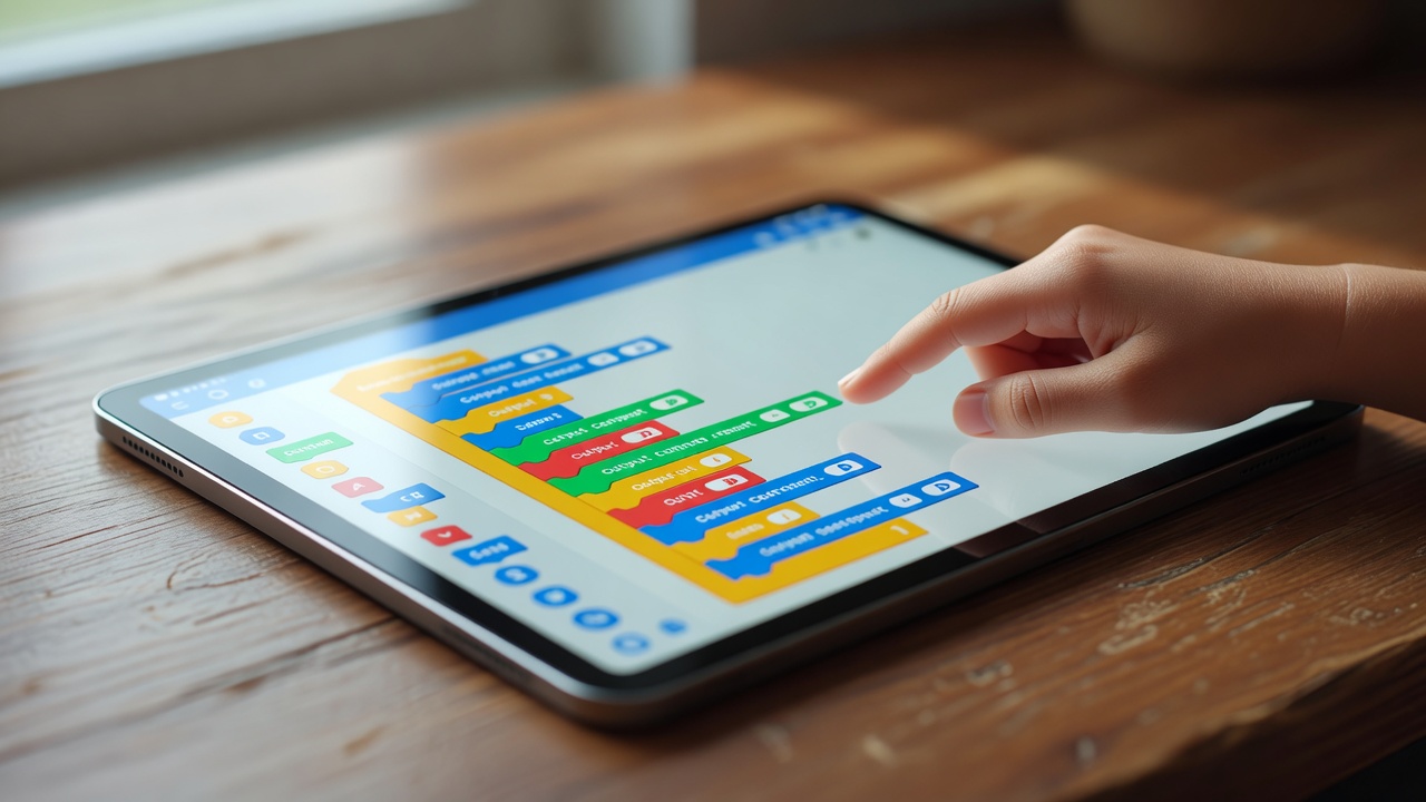 ライントレース走行のプログラムを、タブレットでブロックを並べて組む