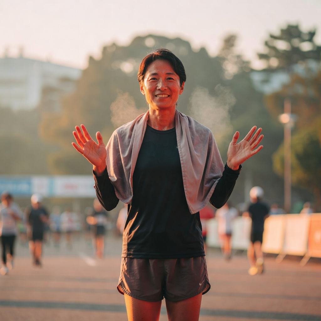 初マラソン完走の日 ー 運動オンチだったメンバーが、12週の講座を経てフルマラソンを完走。ゴール後の一枚です（ご本人同意のうえ掲載）