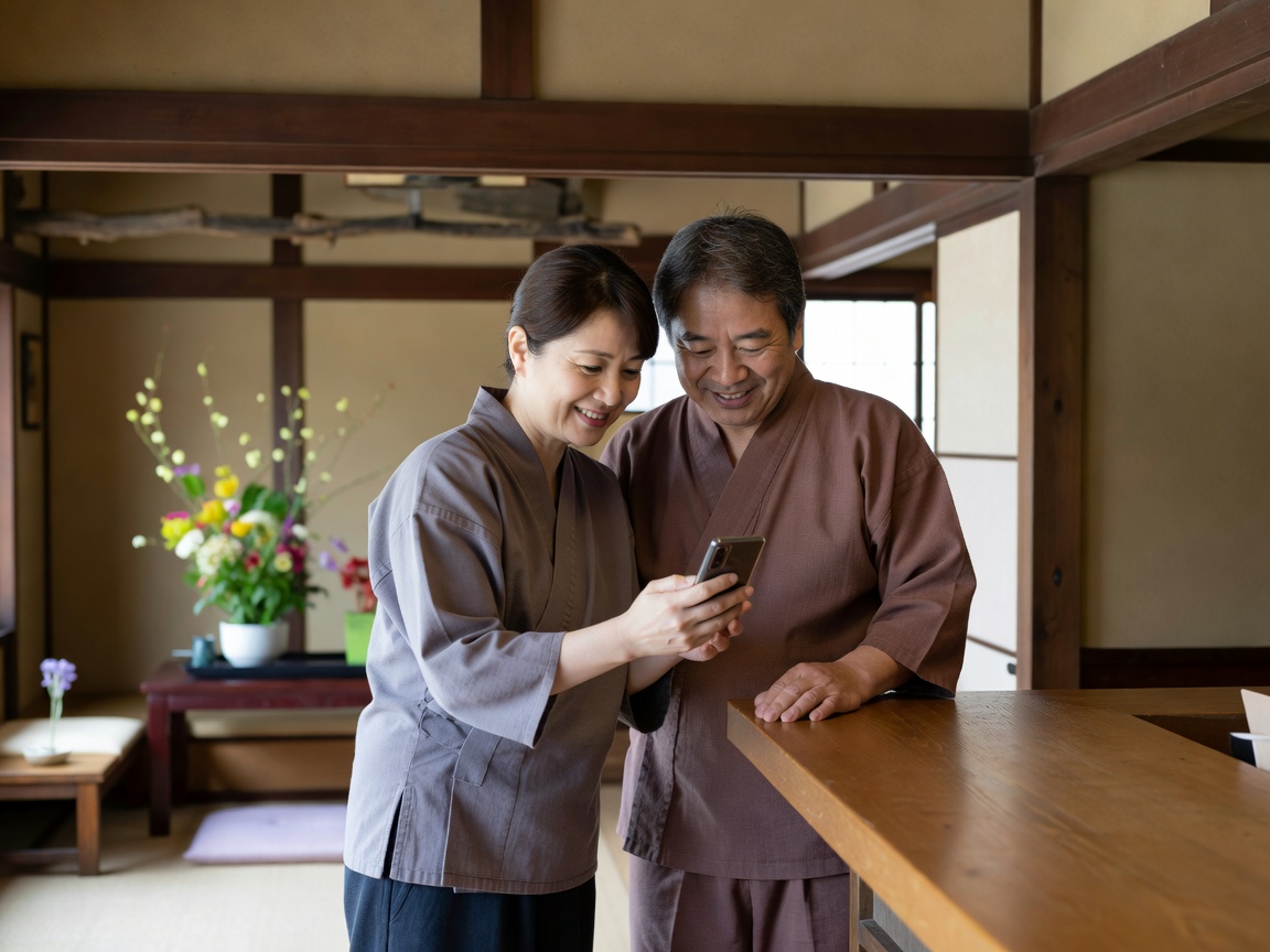 見送りに玄関先で頭を下げる女将の後ろ姿