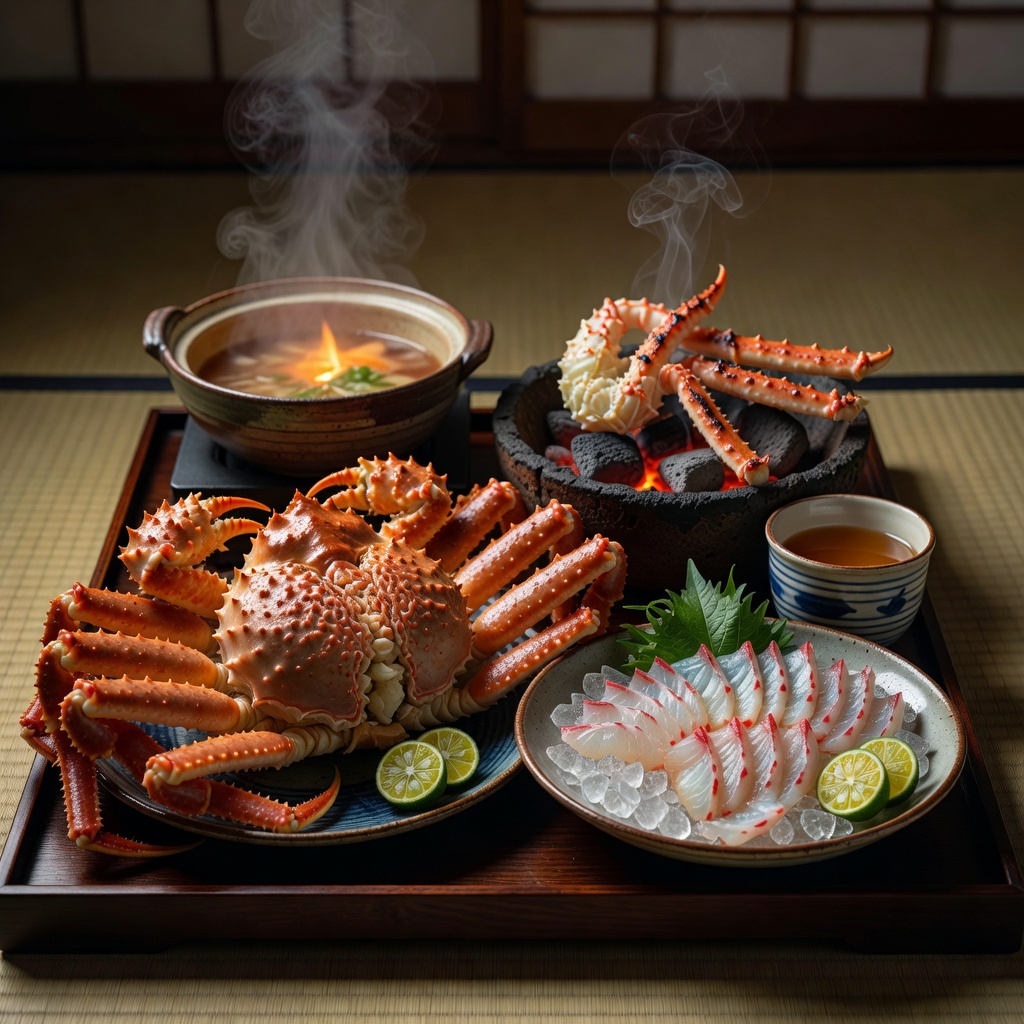 松葉蟹の会席（11月〜3月） ー 但馬の港に揚がった活け蟹を一杯まるごと。刺し・焼き・鍋・甲羅の味噌まで、囲炉裏を囲んで一献ずつ