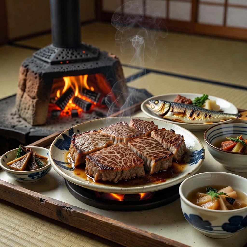 但馬牛の陶板焼きと山の幸 ー 地元の肥育農家から届く但馬牛を、囲炉裏の炭でじっくり。山菜・川魚・季節の炊き合わせを添えて
