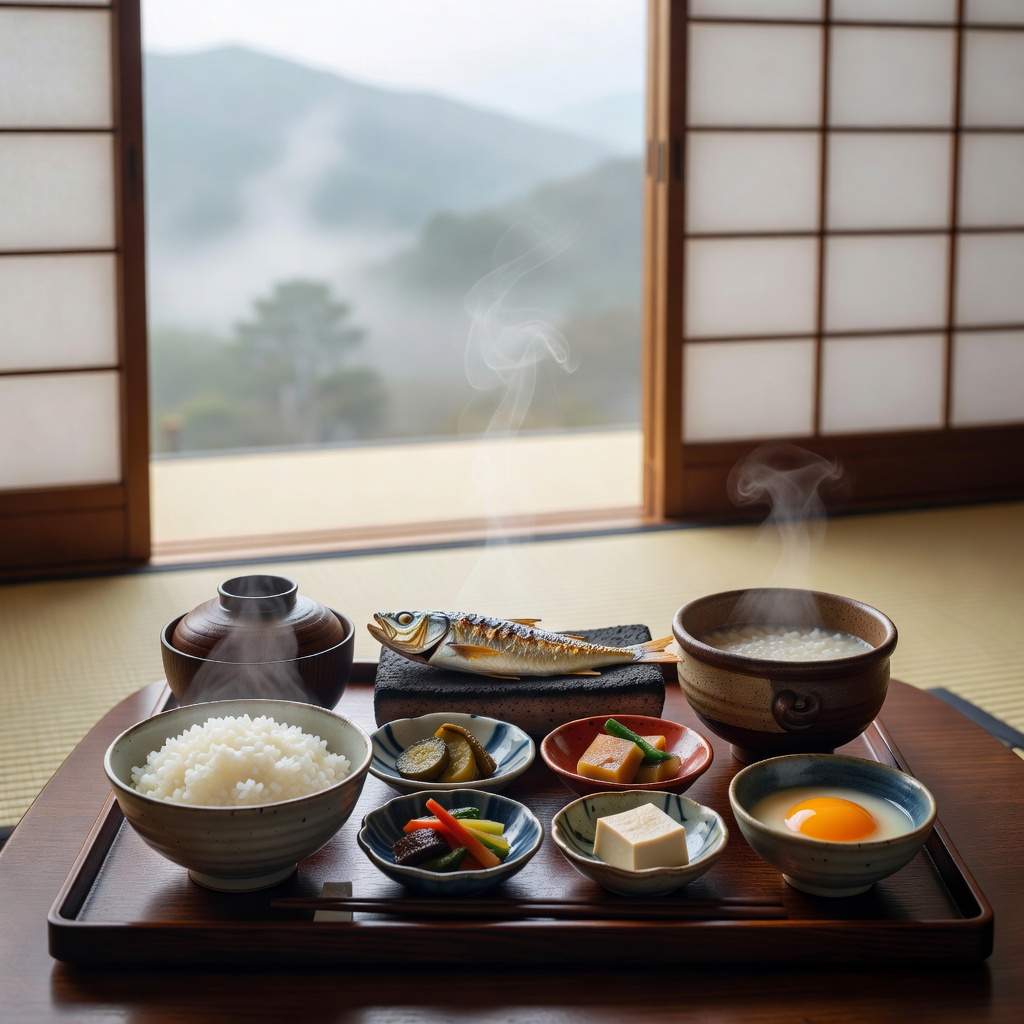 朝の一膳 ー 山霧の晴れる頃、炊きたてのご飯とお味噌汁、朝がゆも。地の野菜と川魚の一夜干し、囲炉裏で炙る焼き物で、静かな朝を