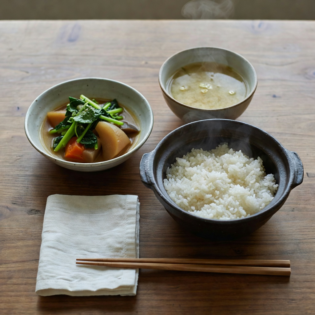 季節の一汁三菜 ー 体験レッスンの完成形。土鍋のごはん、だしの効いたお味噌汁、旬の炊き合わせと和え物。特別な食材は使いません