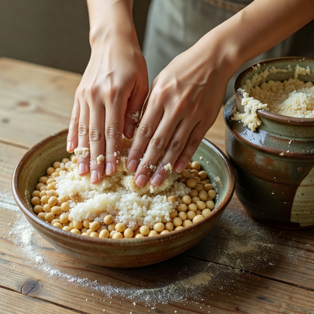 手前味噌の仕込み ー 冬の一番人気。蒸した大豆と生麹、塩を混ぜて甕へ。持ち帰って半年、あなたの台所で育つお味噌です