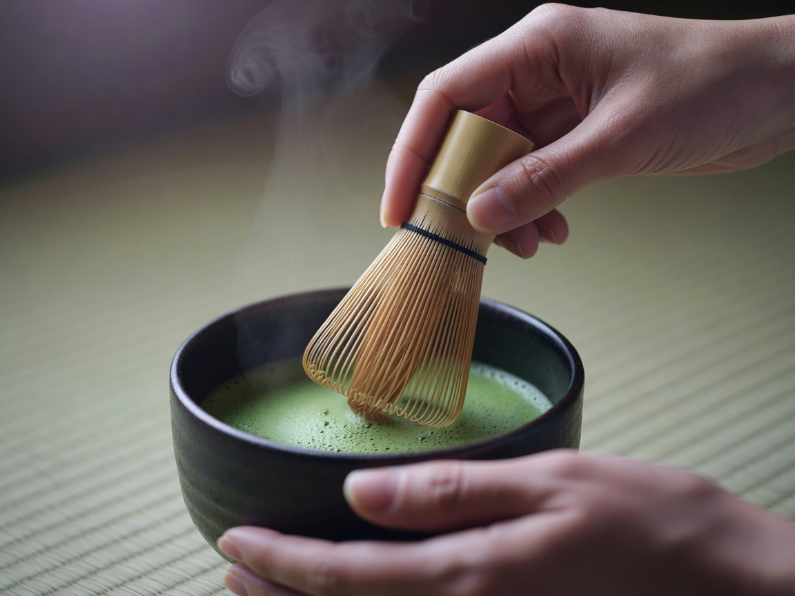 炉の前で袱紗をさばき、茶碗にお茶を点てる先生の手元