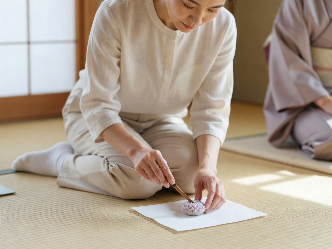 床の間に掛軸と一輪の花がしつらえられた静かな茶室