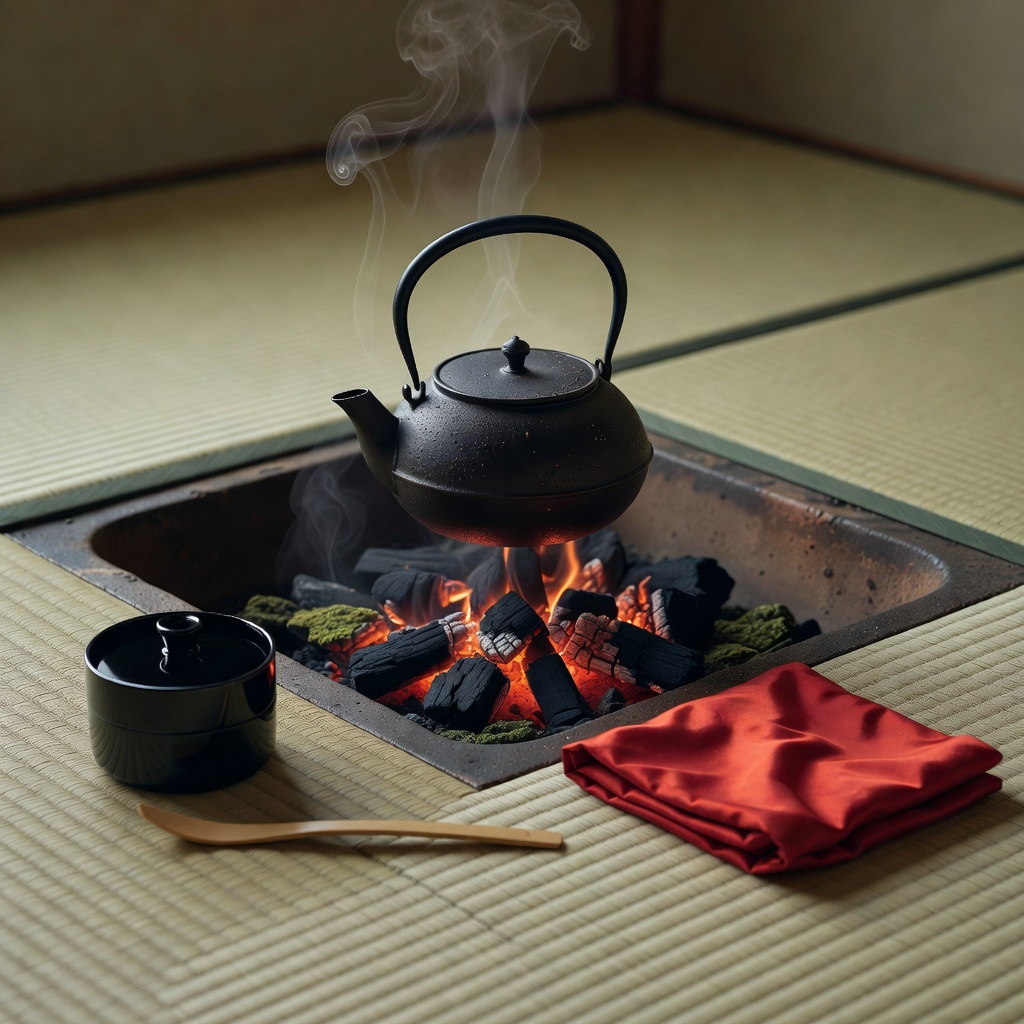 炉のお稽古 ー 十一月から四月は炉。釜の湯がしずかに鳴る「松風」を聞きながら、薄茶・濃茶のお点前を。冬のいちばん美しい季節です