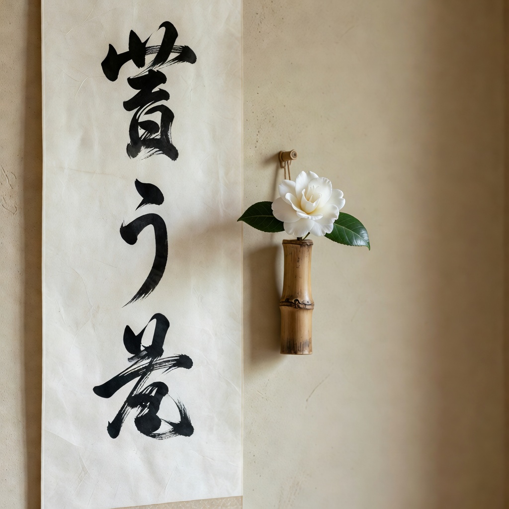 床の間の設え ー 掛軸の禅語と、その日の花。「和敬清寂」の一行を掛けた朝。花は庭に咲いたものを一輪だけ、投げ入れて