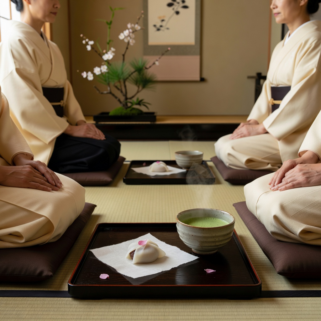 初釜のひととき ー 一月、社中の一年のはじまり。花びら餅と濃茶で、あらたまった席を皆で。着物でも、洋服でも、はじめての方も一緒に