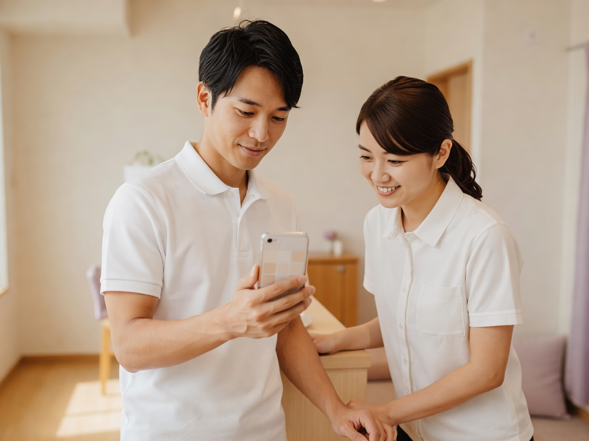 痛みがやわらぎ笑顔で会話する患者と施術者