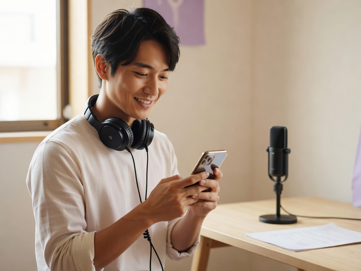納品後に依頼者から届いた感謝のメッセージを見て微笑む声優