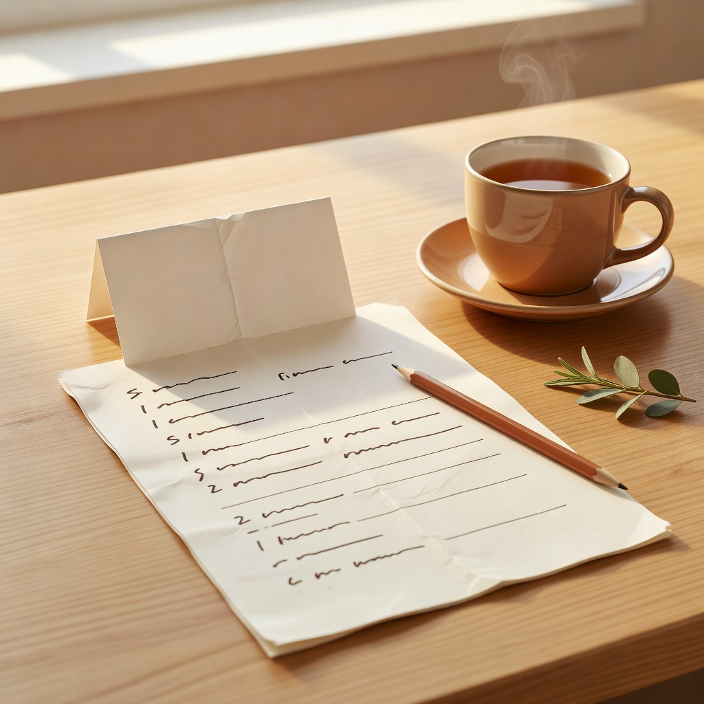 体験会のテーブル ー 名札と、書き込み式のワークシートと、あたたかいお茶。『一人で来て、一人で帰れる』——そんな居心地を大切にしています