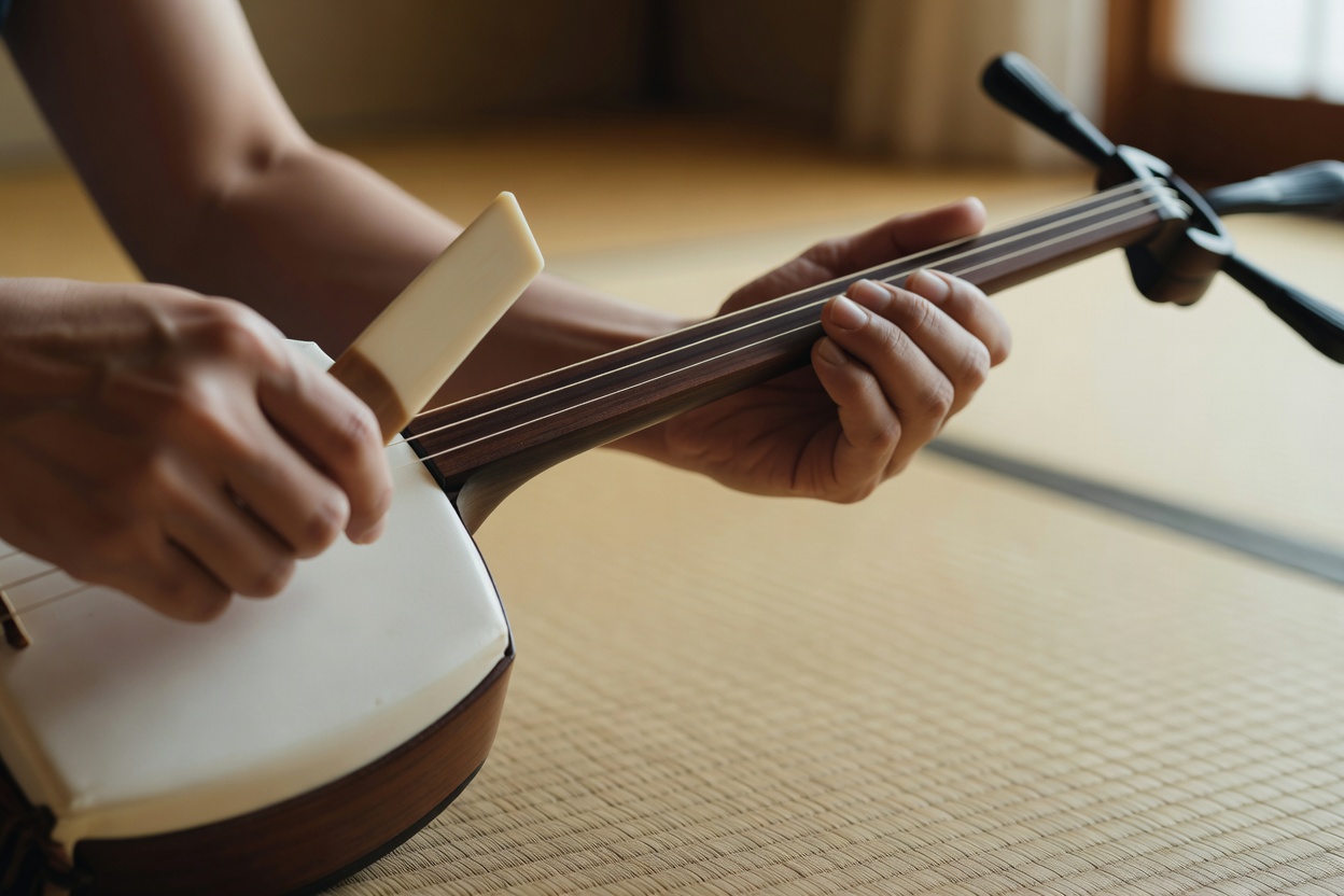 撥を構えた三味線の棹と、糸巻きのアップ