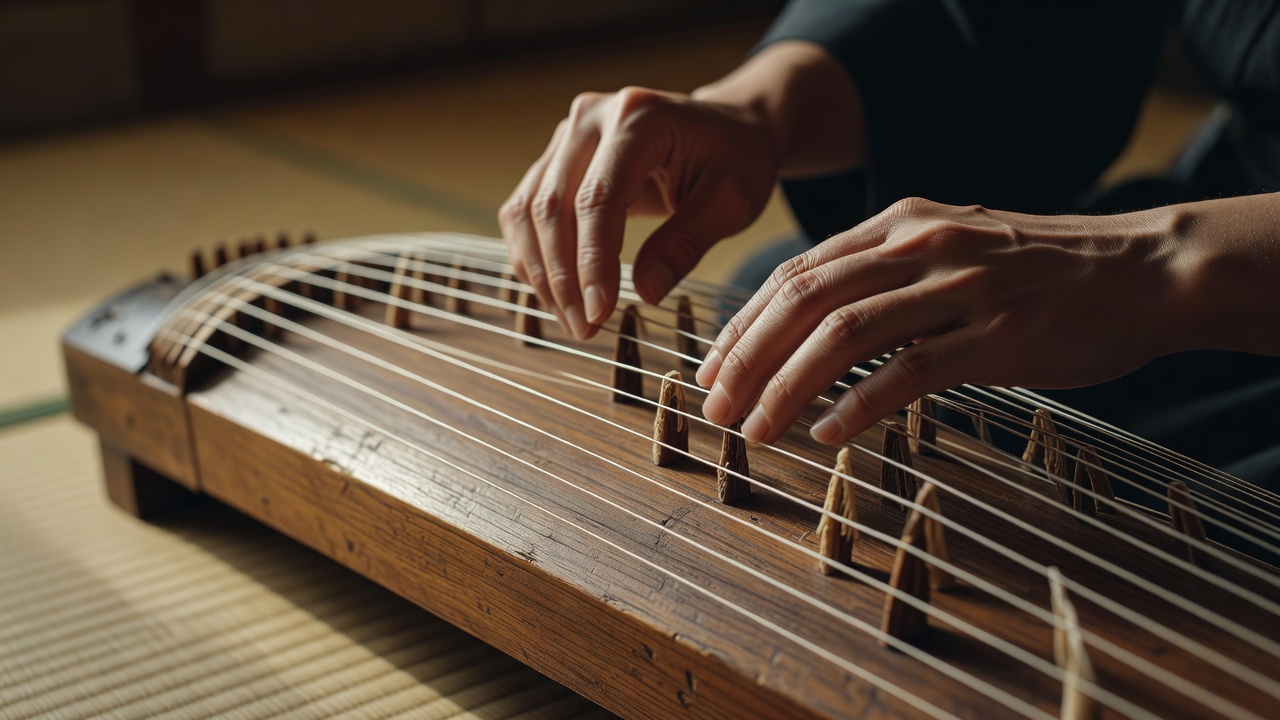 十三絃の箏に柱（じ）を立て、一音ずつ調弦していく手元