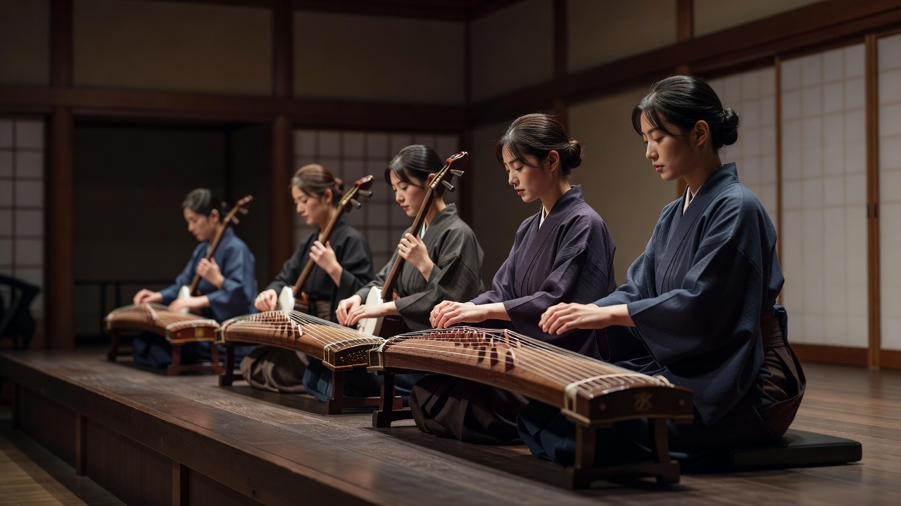 春のおさらい会、袴姿での箏と三味線の合奏