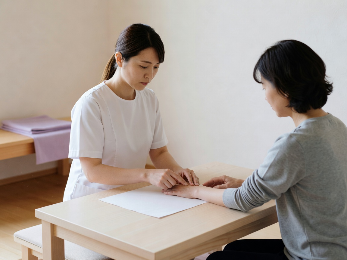 和の落ち着いた個室施術空間。木の内装とタオルの整った鍼灸院の待合