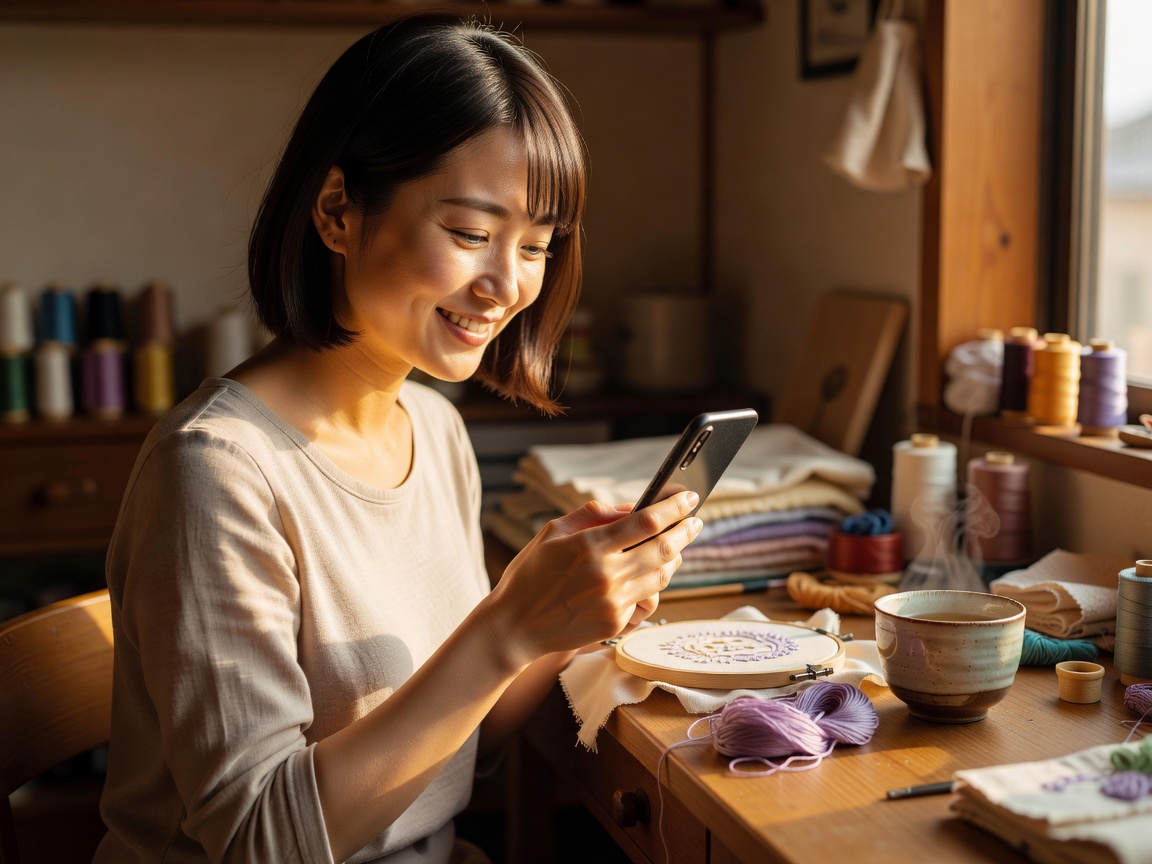 名入れ刺繍を受け取ったお客様の手元と、完成した作品の喜びの瞬間