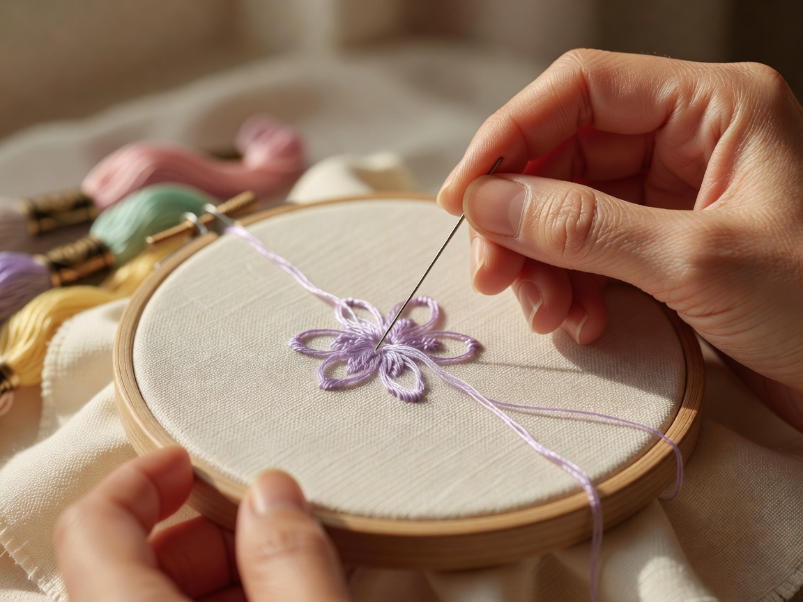 リネンに刺した刺繍ブローチとヘアアクセサリーを並べた作品写真