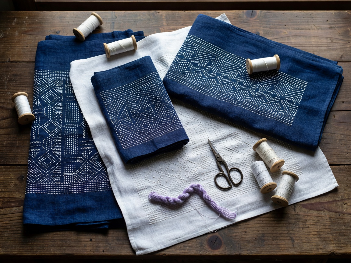 額装した一点ものの手刺繍タペストリー、糸の陰影が見える接写