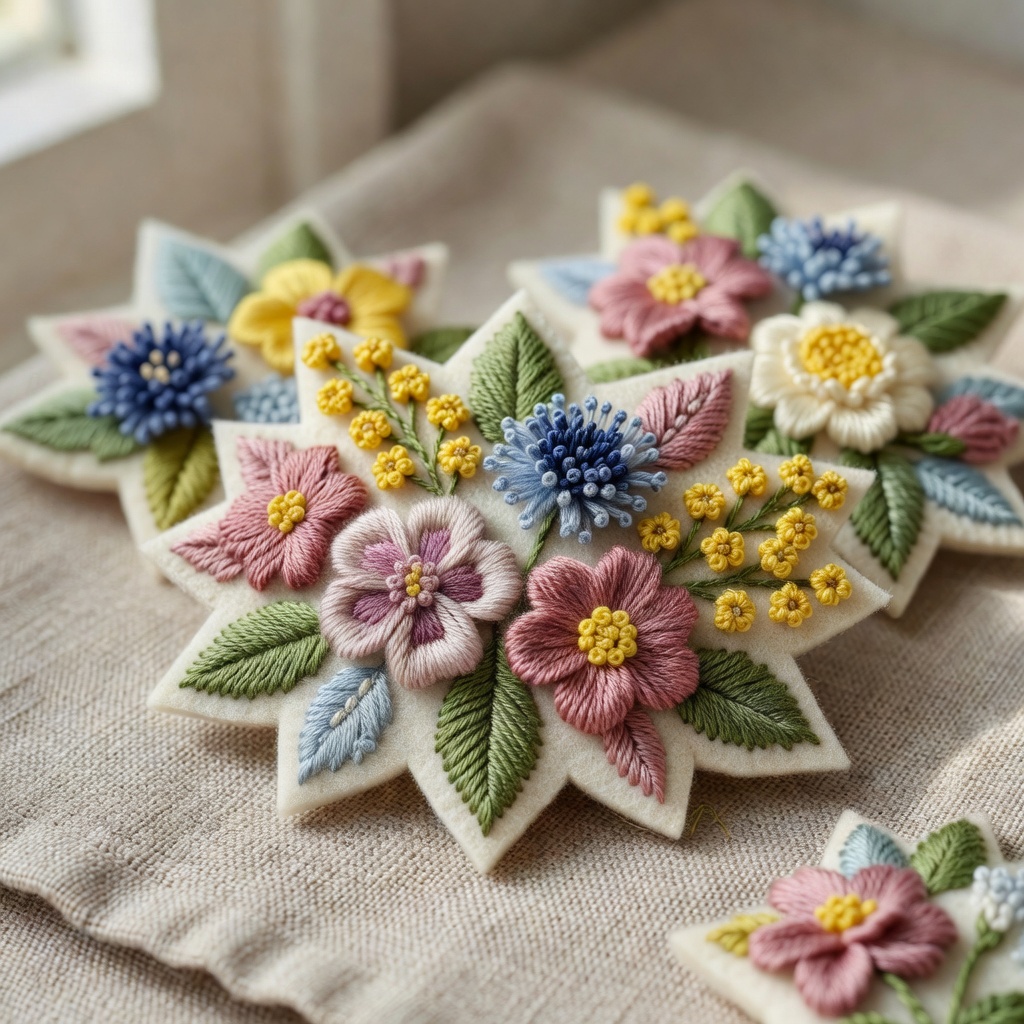 野の花のブローチ。フランス刺繍で、すみれ・ミモザ・矢車菊を立体的に。