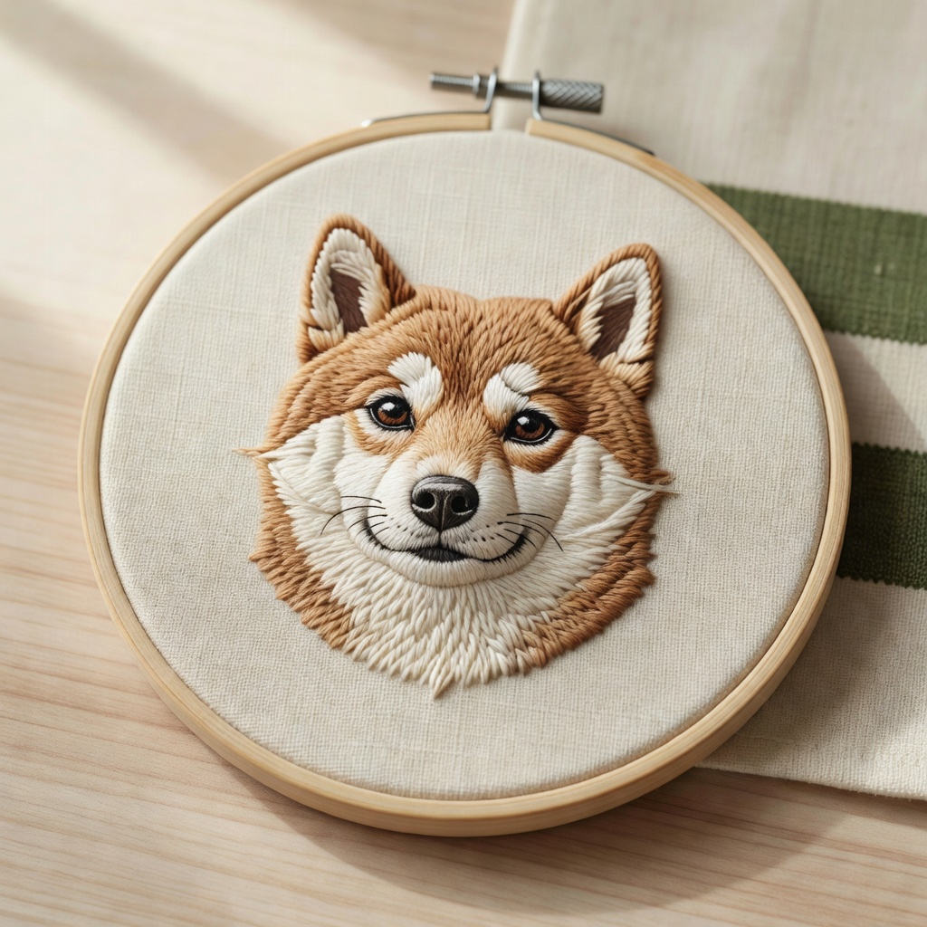 ペット似顔絵の刺繍フープ。お写真から毛並みの色をおこして。
