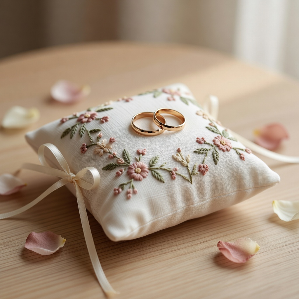 結婚式のリングピロー。おふたりの記念日と小さな花を添えて。