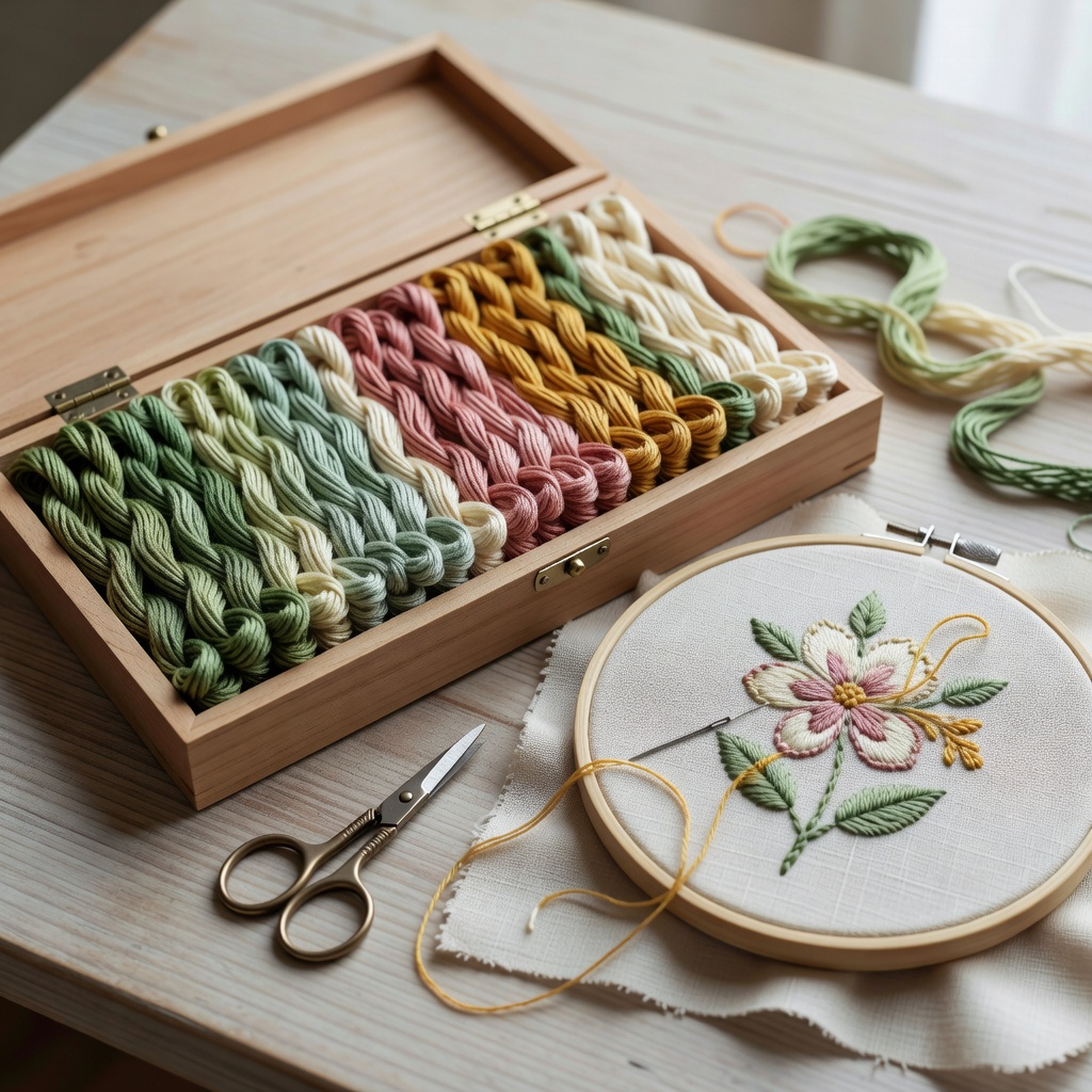 制作の途中。25番刺繍糸を草花の色で並べて、色を決めるひととき。