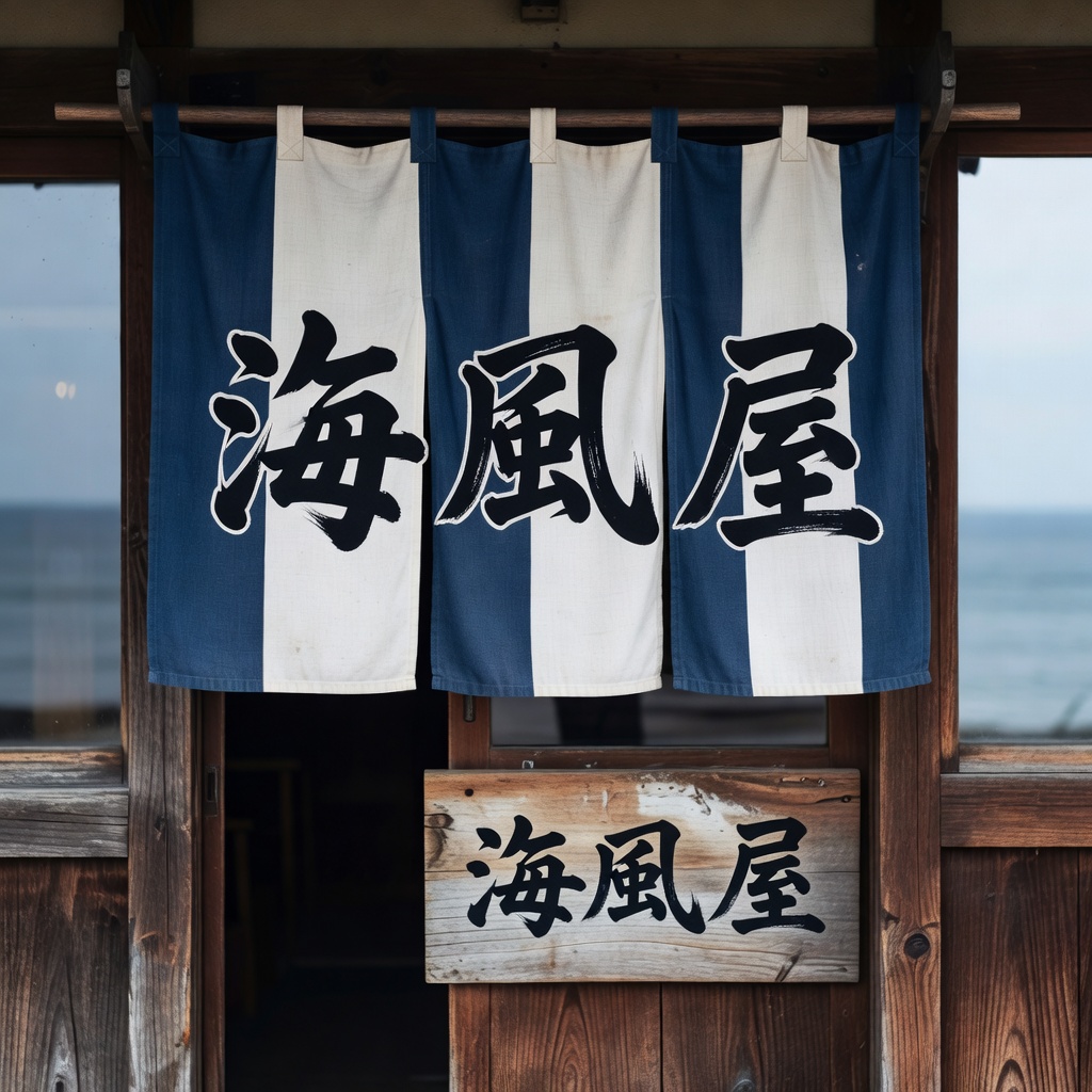 海辺の定食屋さんの暖簾と看板。潮風に負けない太さで屋号を。