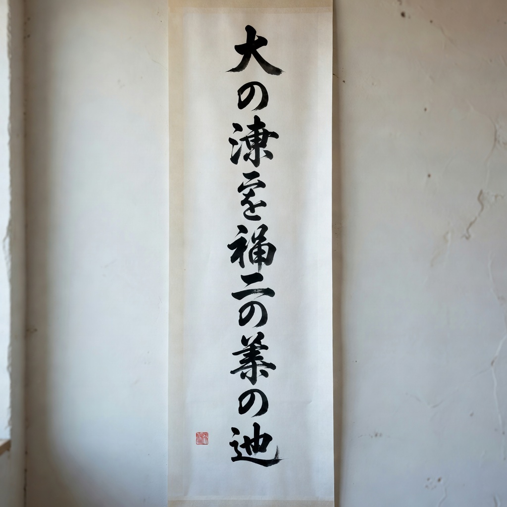 条幅の創作。古い漢詩の一節を、かすれと潤いの間で。