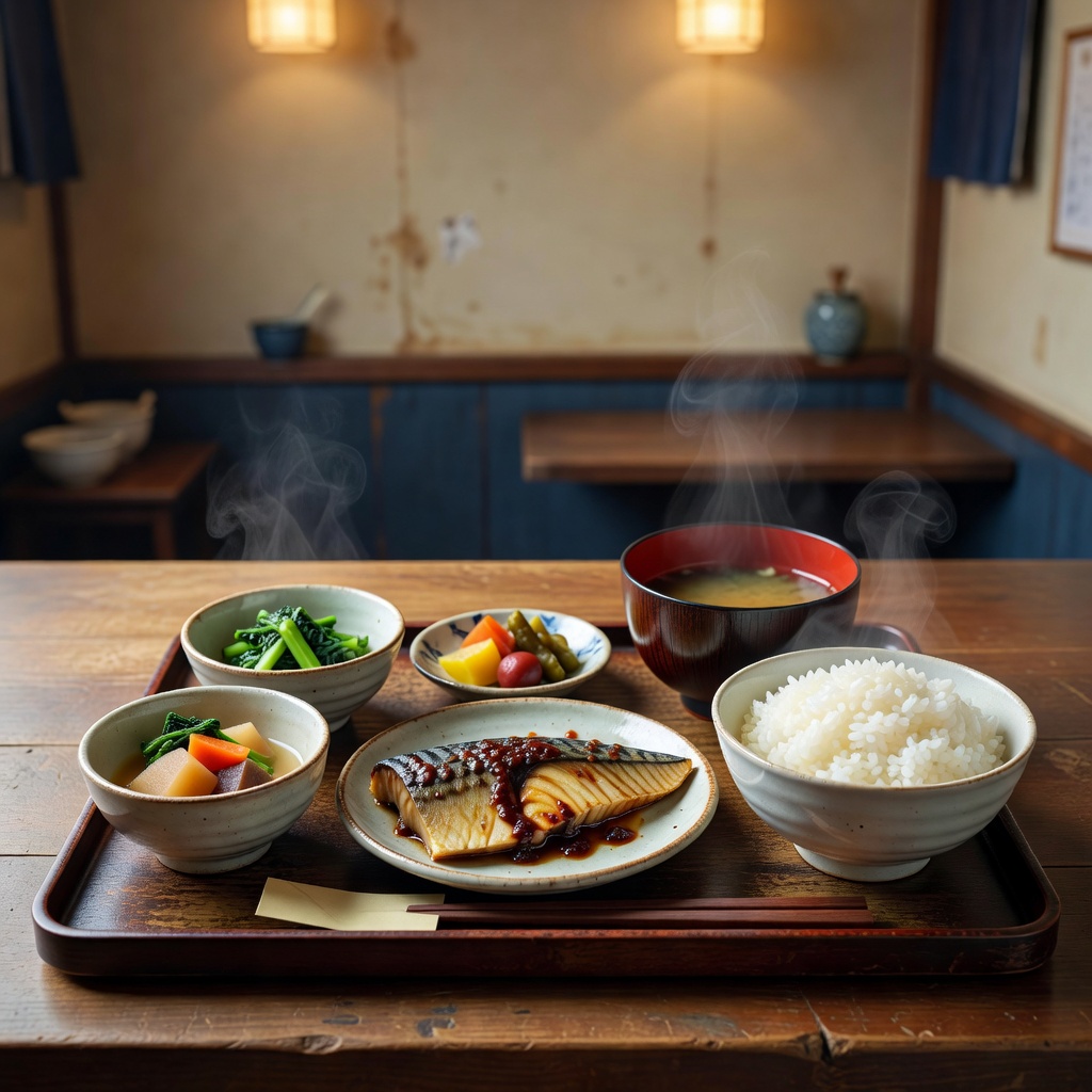 日替わり定食（サバの味噌煮） ー 看板の一膳。主菜に小鉢ふたつ、香の物、かつおだしのみそ汁とごはん。まずはこれを