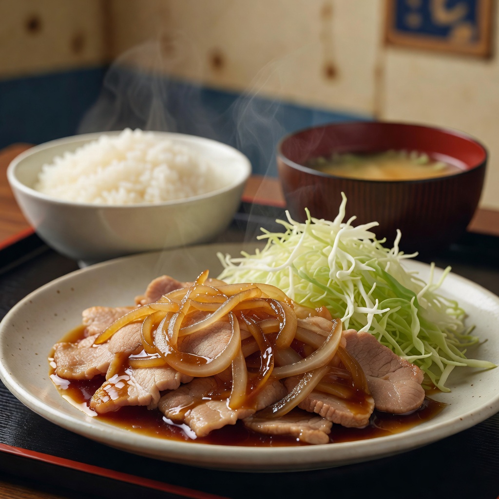 生姜焼き定食 ー たっぷりの玉ねぎと生姜だれで、ごはんが進む定番。キャベツ大盛り、ライスも大盛り無料です
