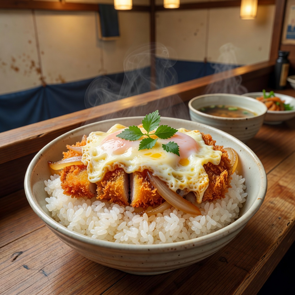 カツ丼 ー 昔ながらの玉子とじ。甘辛のかえしを吸ったころもと、半熟の玉子。みそ汁と小鉢がつきます