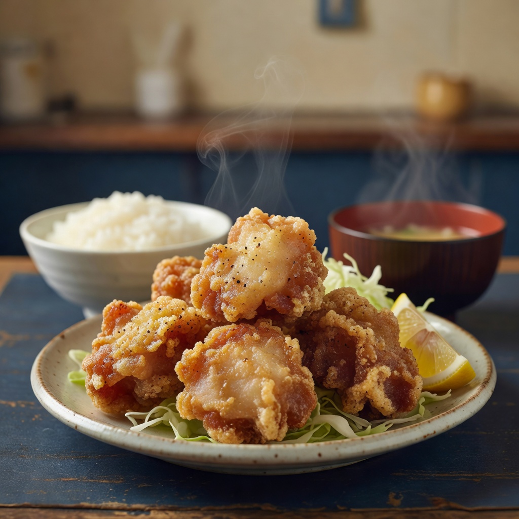 唐揚げ定食（大盛り無料） ー 下味は生姜とにんにく、注文ごとに二度揚げ。現場帰りの胃袋も満たす五個盛り