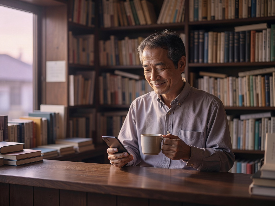 読書会のあと本を手に語らう来店客の穏やかな笑顔