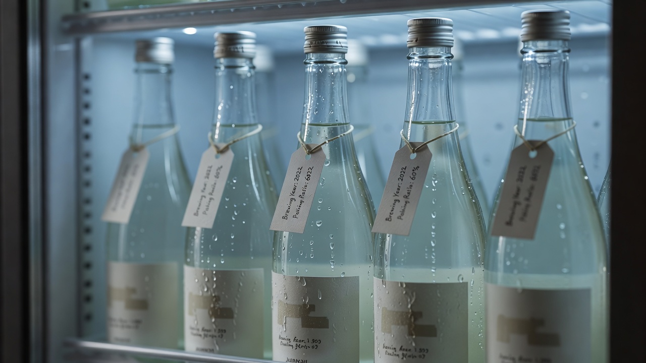 日本酒 ー 特約蔵の純米・純米吟醸を全量冷蔵で。BY（醸造年度）と精米歩合、生か火入れかを一本ずつ手書きPOPで