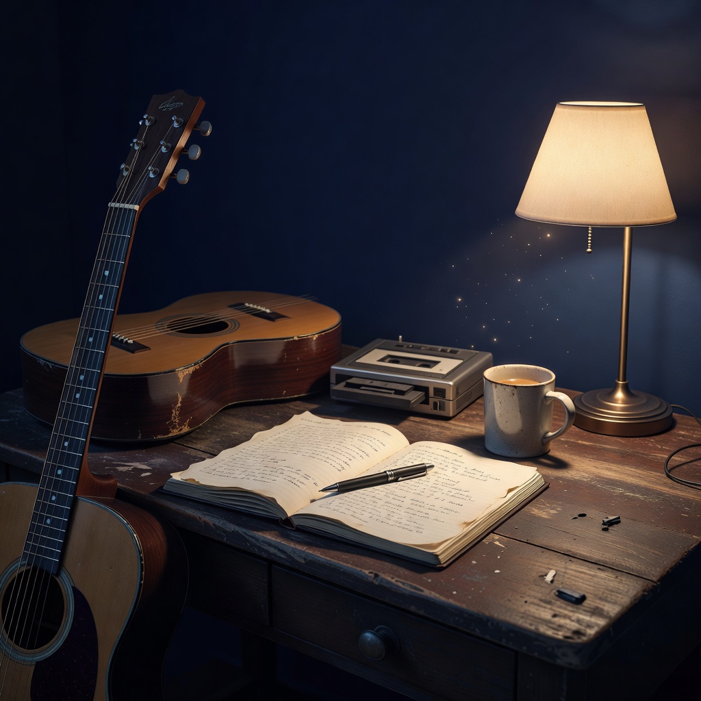 深夜の作曲机 ー スタンドライトの下で、ノートに詞を書き、カセットにメロディを吹き込む。曲はいつもこの机の、静かな時間から生まれます