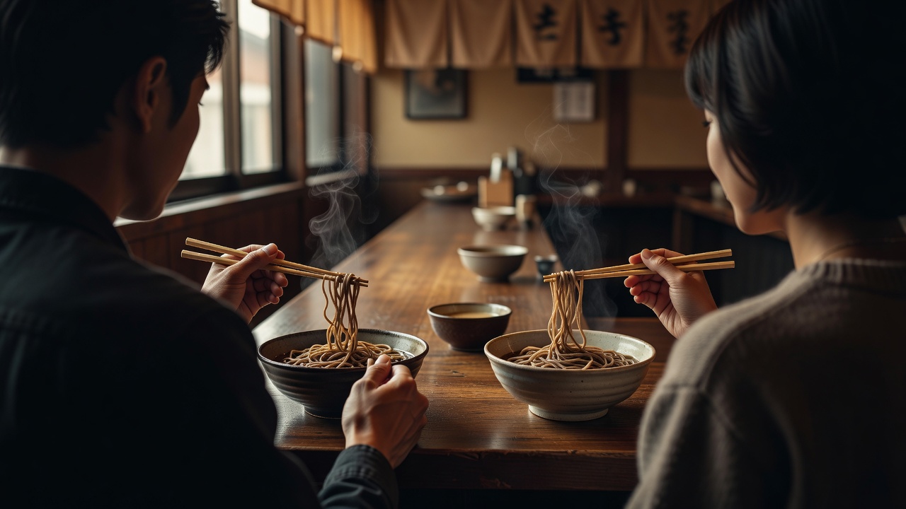 湯気の立つ鴨南蛮そばと焼き葱のどんぶり