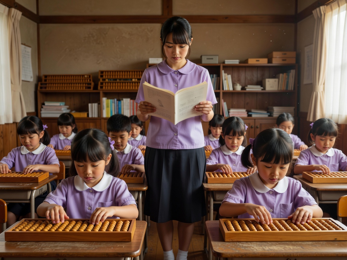 机が整然と並び、そろばんの音が響く清潔感のある教室の空間