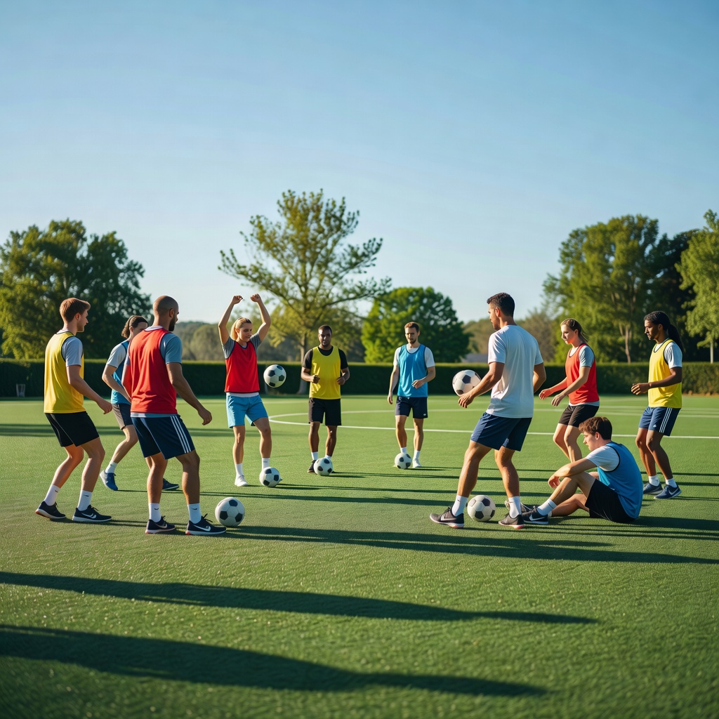 試合前のウォームアップ。人工芝の上でボールを回す時間が、いちばん緊張がほどけて笑顔になる瞬間かもしれません。準備運動のメニューも掲示しています。