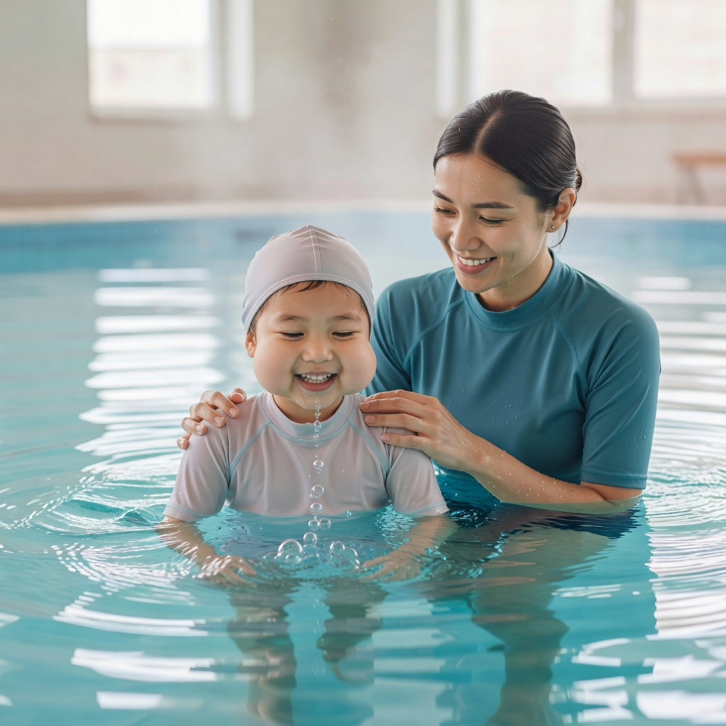 水慣れ・顔つけ ー 水を怖がるお子さんへ。頭から急がせません。口・鼻・目の順に、遊びながら水と仲良くなるところから（保護者の方は見学できます）