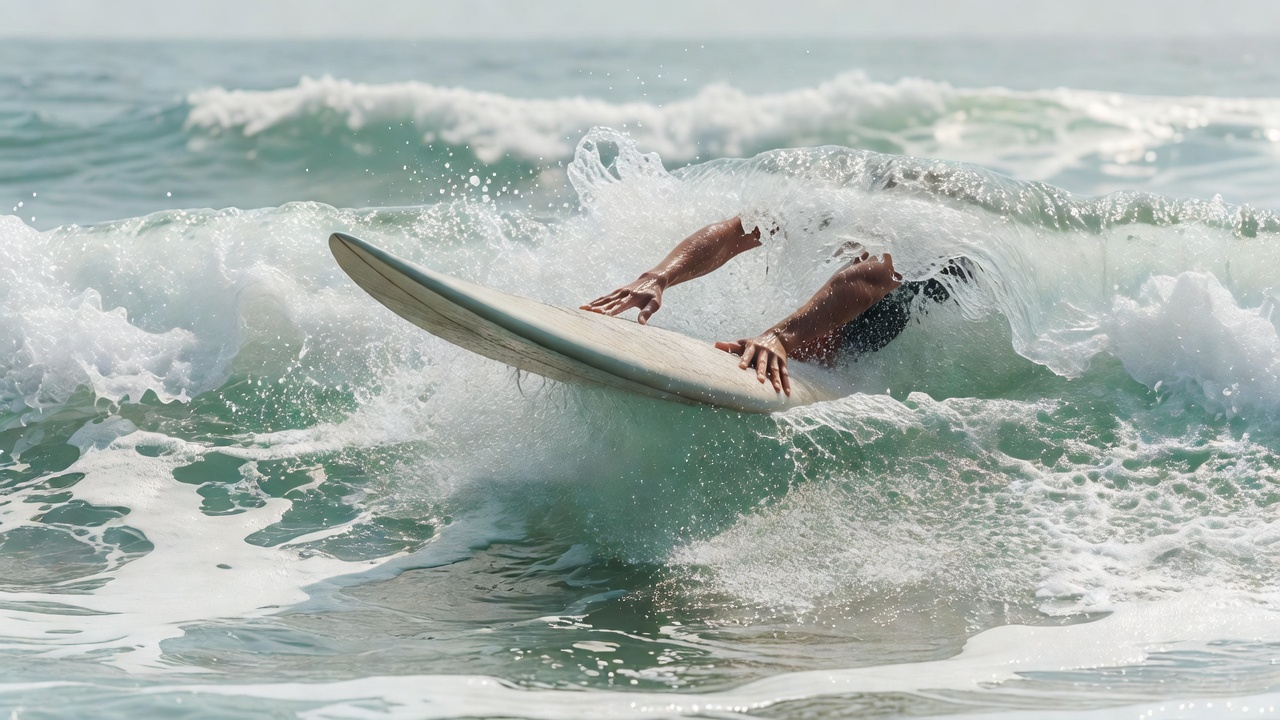 白い波が崩れるインサイドで、初めてのテイクオフに挑むソフトボードのレッスン